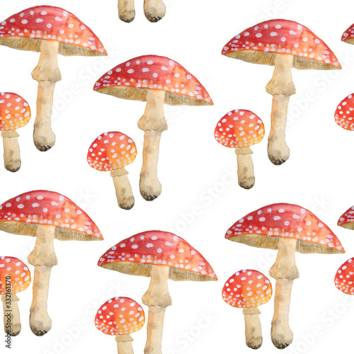 hand drawn watercolor seamless pattern dangerous scary poisonous mushrooms red Amanita muscaria wild fungus fungi from autumn fall forest woodland natural season perfect for halloween design textile