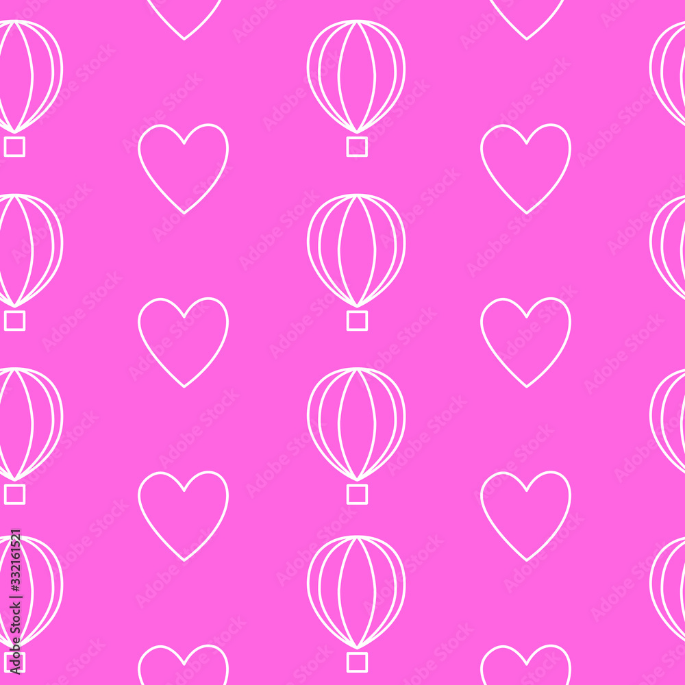 Bright and cute pattern with a balloon and a heart on a pink background. Suitable for children's and holiday decor, wrapping paper.