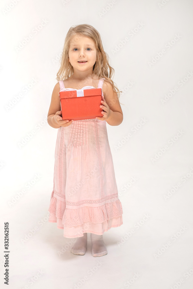 European girl with red gift box, isolated over white European girl with red gift box, isolated over white