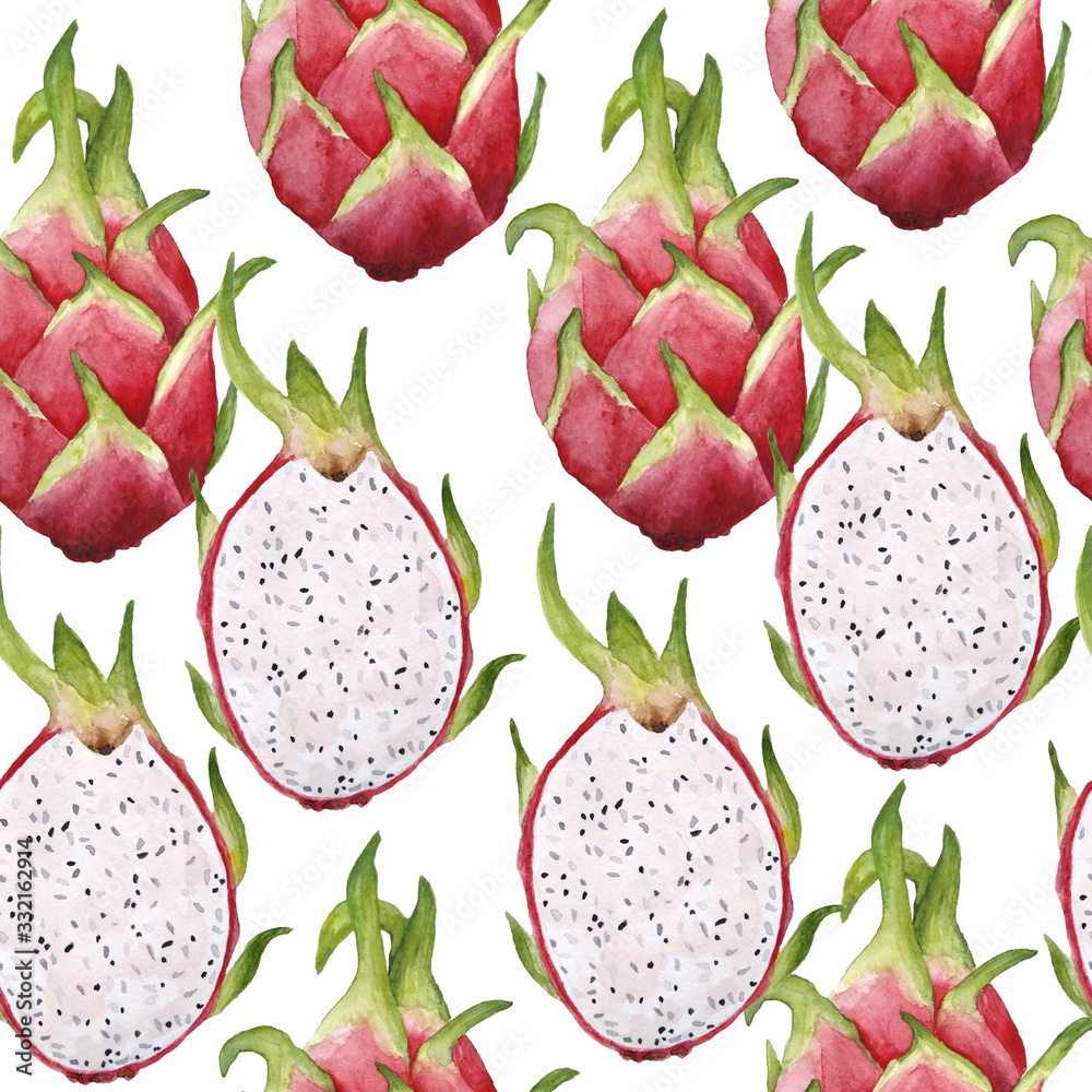 hand drawn watercolor seamless pattern of pitaya pitahaya or dragon fruit, exotic tropical sweet delicious food in pink green vibrant bright colors healthy organic superfood labels textile cafe menu hand drawn watercolor seamless pattern of pitaya pitahaya or dragon fruit, exotic tropical sweet delicious food in pink green vibrant bright colors healthy organic superfood labels textile cafe menu