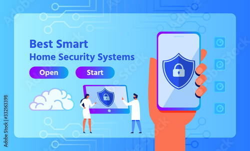 Webpage Offering Best Smart Home Security System. Scientist Developing New App on Computer. Human Hand Holds Phone with Application for Remote Access, Control, Monitoring. Vector Flat Illustration