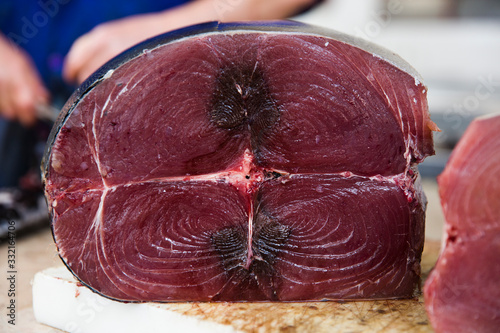 Tuna steaks at fish market