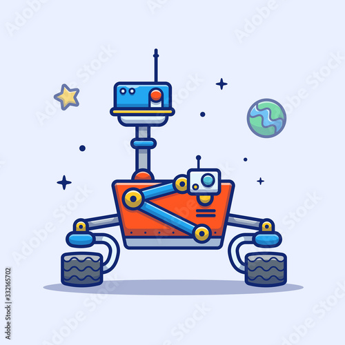Space Robot Vector Icon Illustration. Space Robot, Planet And Stars, Space Icon Concept White Isolated. Flat Cartoon Style Suitable for Web Landing Page, Banner, Sticker, Background