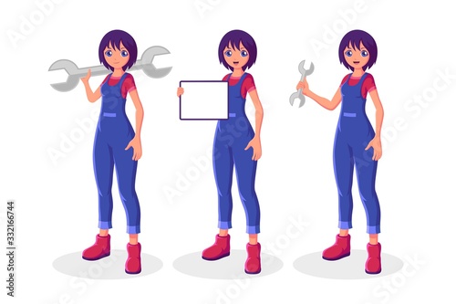 Girl mechanic collection set holding wrench