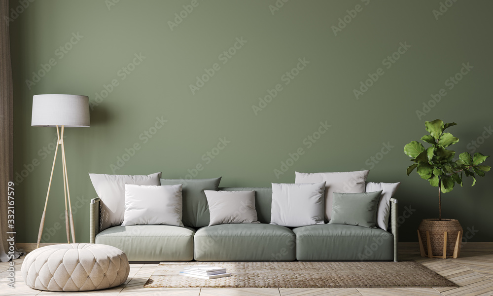 Empty wall interior design in modern living room mock-up , green couch with white cushions Scandinavian style, 3d rendering, illustration - obrazy, fototapety, plakaty 