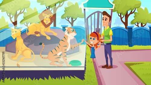 Happy Family of Dad and Daughter Stand in Front of Glass Barrier with Lions and Tiger at Zoo, Father and Child Walking in Animal Park, Weekend Pastime, Summer Vacation Cartoon Flat Vector Illustration