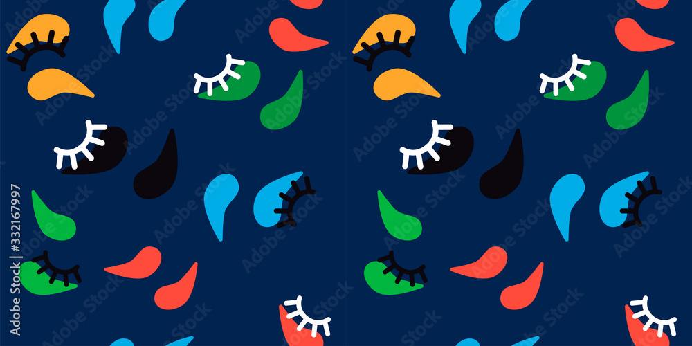 seamless pattern with multi-colored patches for skin care around the eyes and eyelashes on a dark blue background. Modern abstract design for paper, cover, fabric