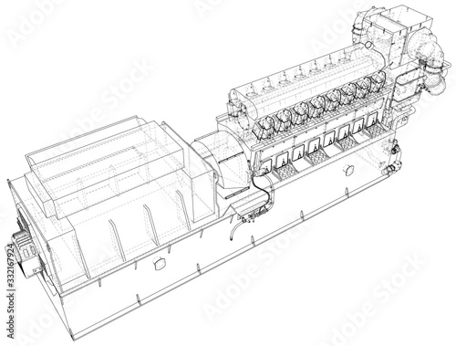 Diesel generator. The layers of visible and invisible lines are separated. EPS10 format. Wire-frame.