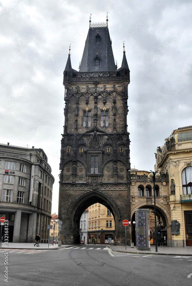 Prague during quarantine caused by Corona virus,
One of the remaining gate to enter old town called Powder Gate