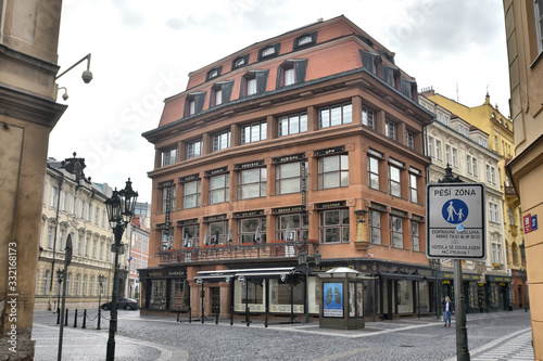 Prague during quarantine caused by Corona Virus, House of the Black Madonna closed, empty street