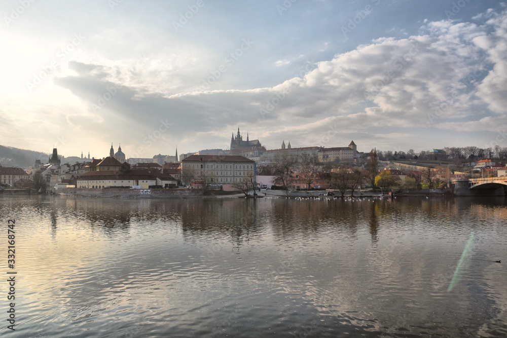 Prague during quarantine caused by Corona virus,Panoramatic view of Prague