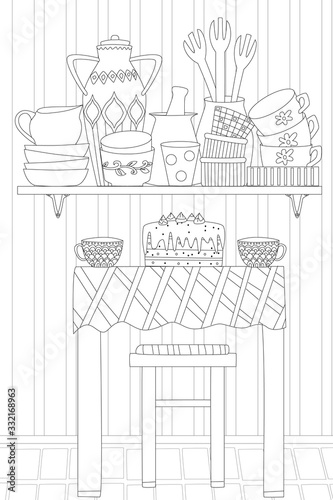 cozy homey kitchen with cake, cups on table and wall shelf of ta