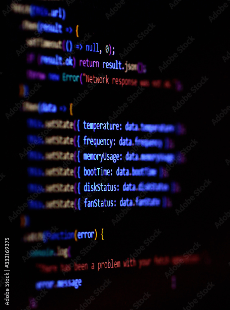 Software programming source code on computer screen.. Modern Javascript, typescript, ecma script code with React Framework. Vertical photo. Software programming source code on computer screen.. Modern Javascript, typescript, ecma script code with React Framework. Vertical photo.