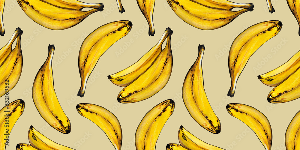 Fruit banana seamless pattern. Yellow bananas. Design for Wallpaper, fabric, textiles, food, postcards, packaging, website. Acrylic hand- Drawn illustration.
