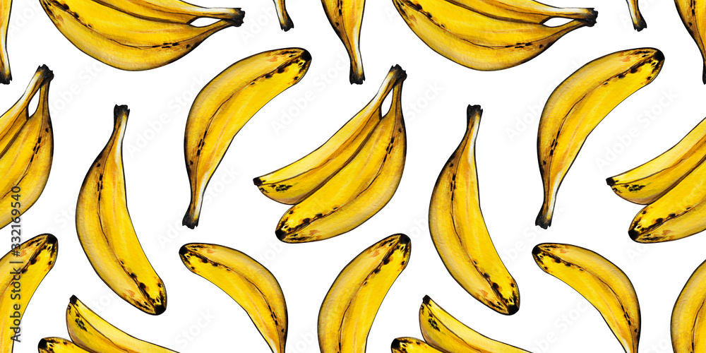 Fruit banana seamless pattern. Yellow bananas. Design for Wallpaper, fabric, textiles, food, postcards, packaging, website. Acrylic hand- Drawn illustration.