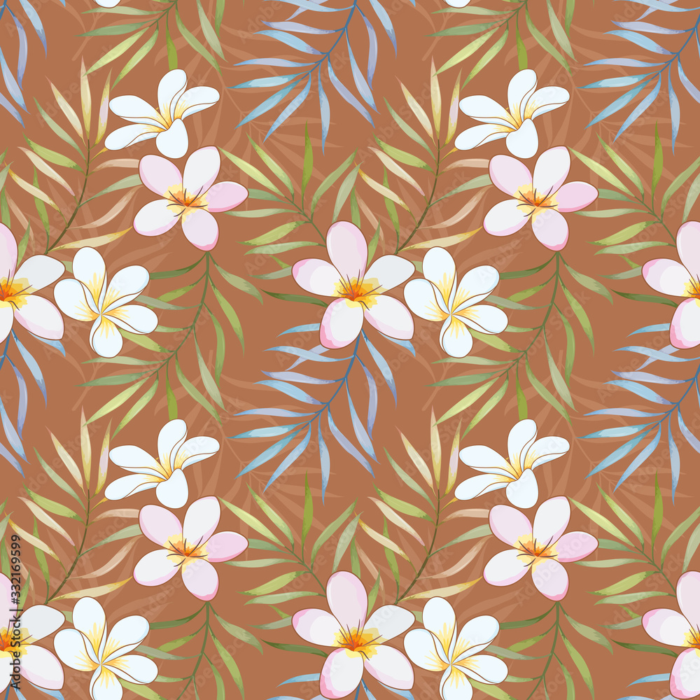 Obraz premium seamless pattern with tropical leaves and plumeria flowers for fabric textile wallpaper.