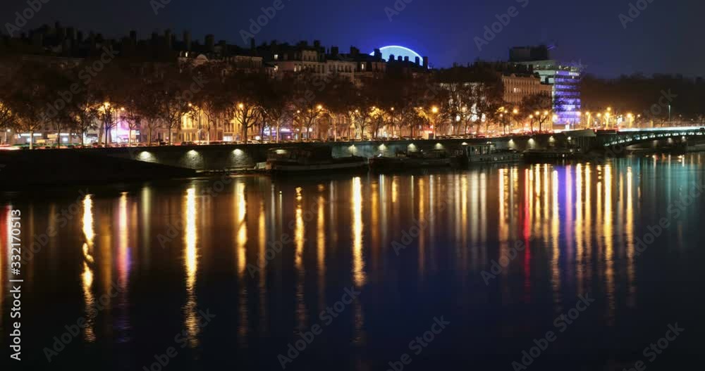 4k timelapse for light reflections on Rhone river at night, Lyon 4k timelapse for light reflections on Rhone river at night, Lyon
