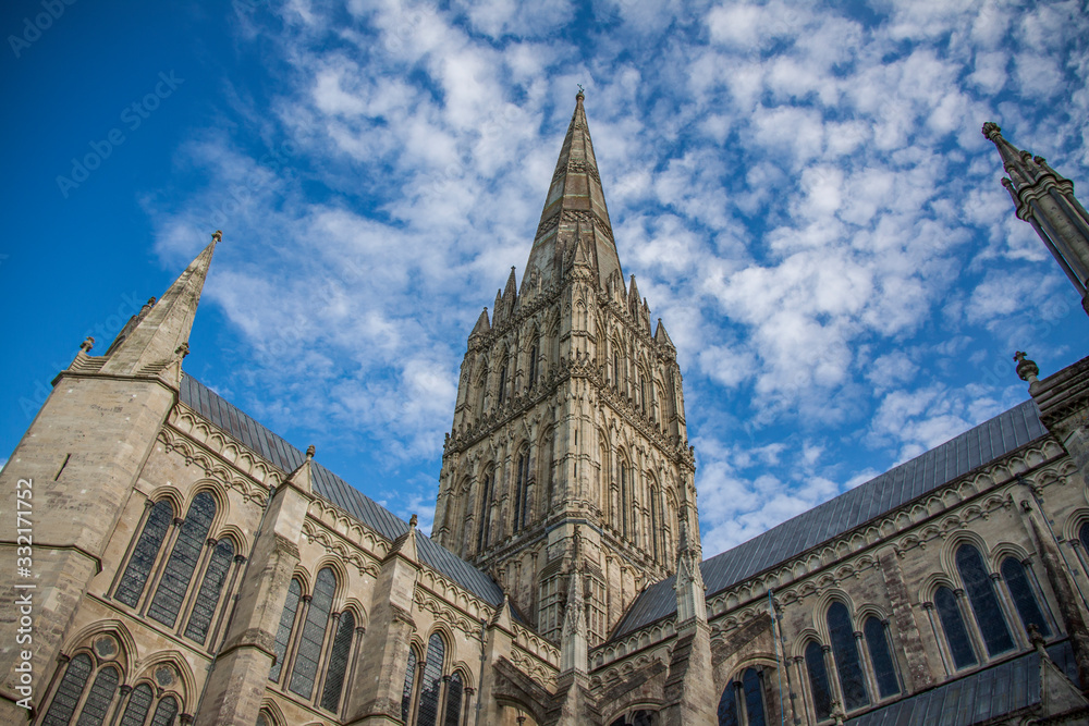 Low angle of Salisbury Cathedral