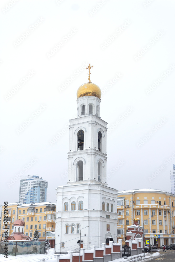 Russian orthodox church of Saint Nicholas in the bell tower in Samara, Russia - 7 february 2020 year. Soft focus