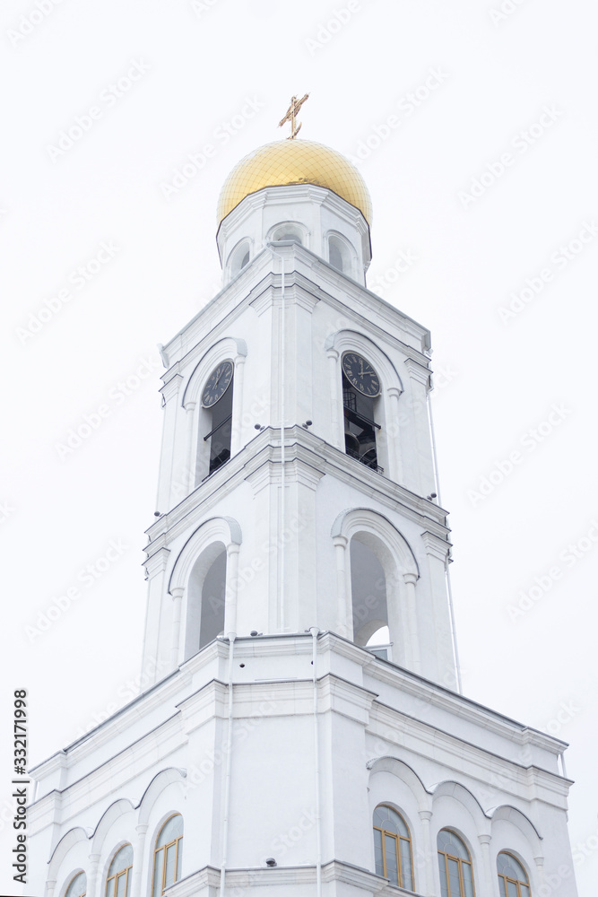 Russian orthodox church of Saint Nicholas in the bell tower in Samara, Russia - 7 february 2020 year. Soft focus