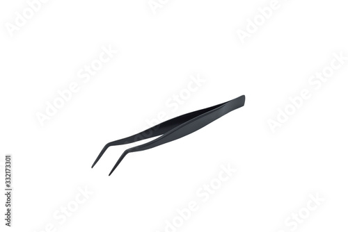 Black color forceps tweezer bend at the end or angled tweezer isolated on white background.