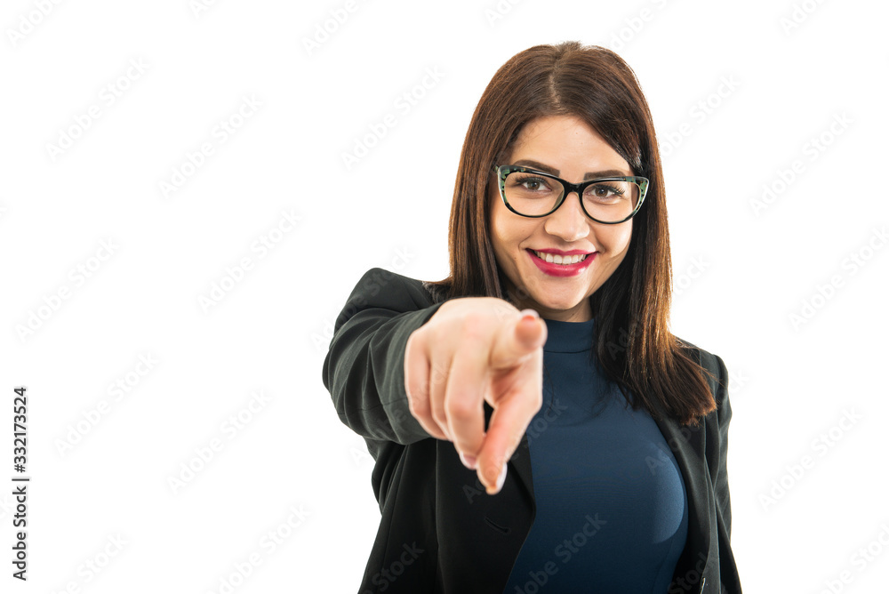 Portrait of young business girl wearing glasses pointing camera Portrait of young business girl wearing glasses pointing camera