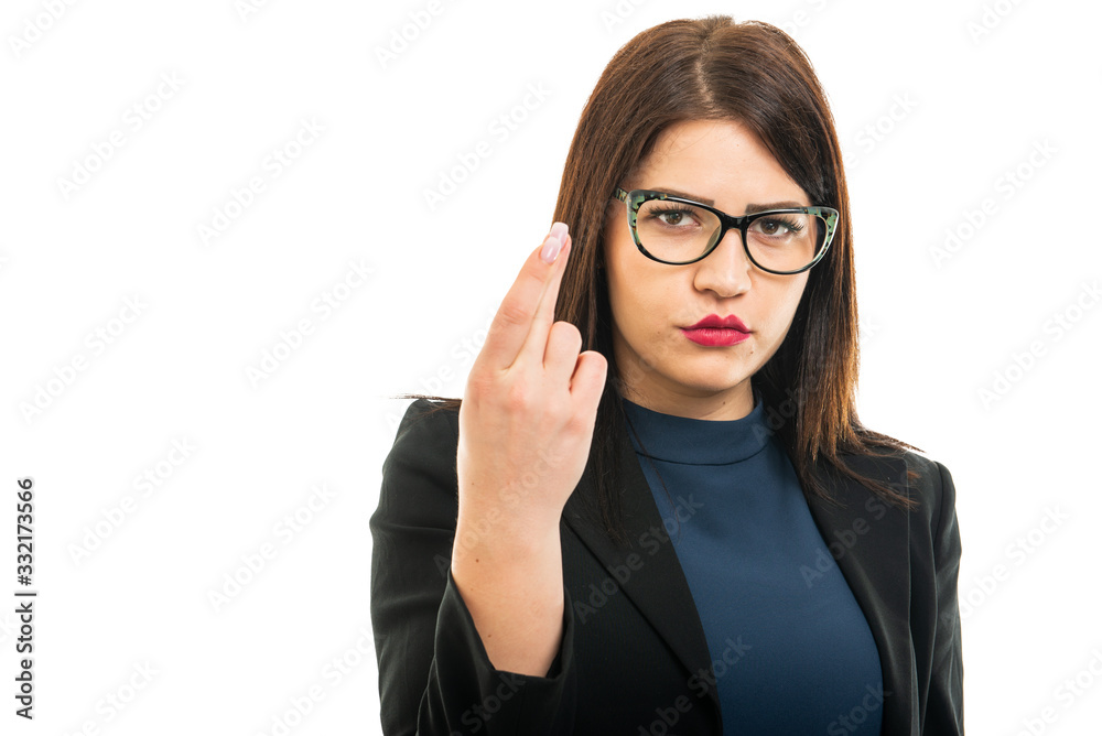 Portrait of business girl wearing glasses showing fingers crossed Portrait of business girl wearing glasses showing fingers crossed