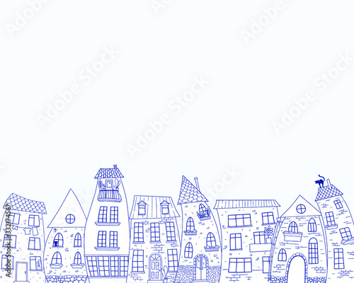 Horizontal border. Linear drawing of fairy houses Vector illustration.