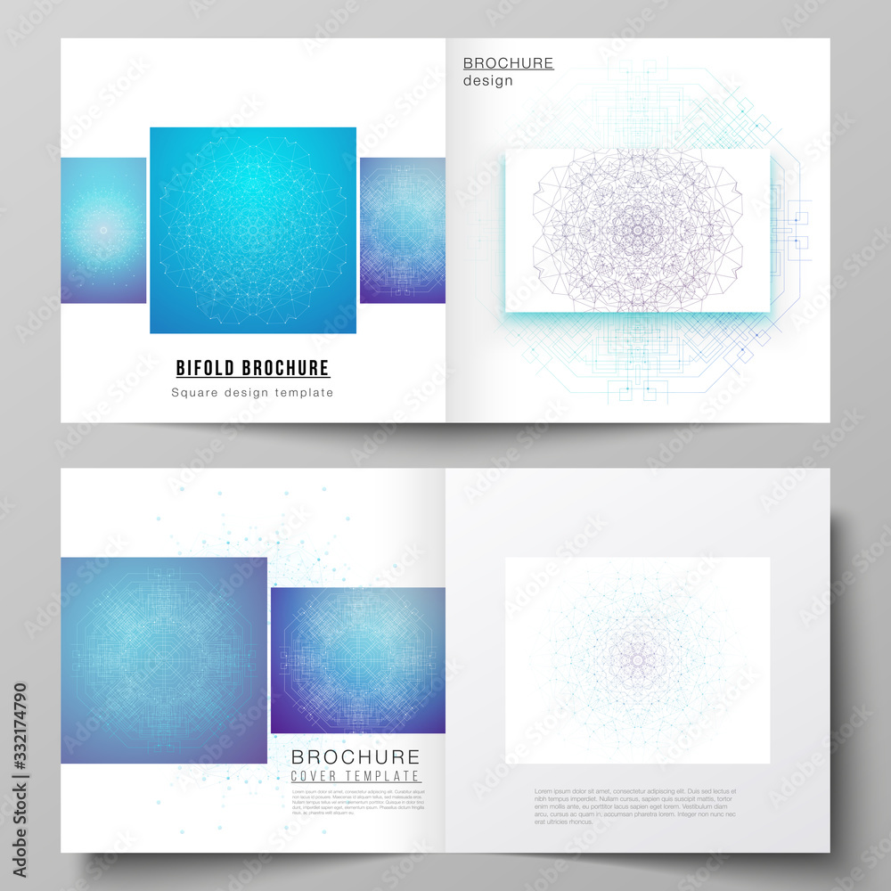 The vector layout of two covers templates for square design bifold brochure, magazine, flyer, booklet. Big Data Visualization, geometric communication background with connected lines and dots.