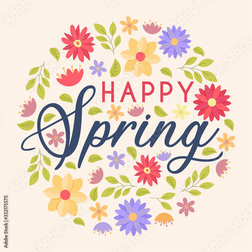 Happy spring colorful floral greeting card