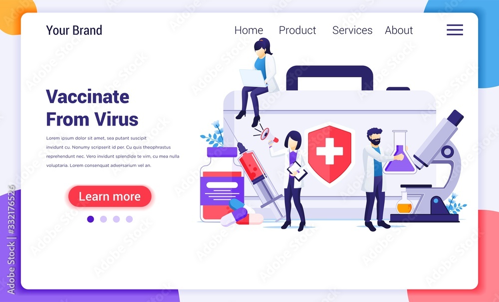 Vaccination concept, cure for Corona virus, time to vaccinate, doctors with syringe, vaccine bottle. Modern flat web page design for website and mobile website development. Vector illustration