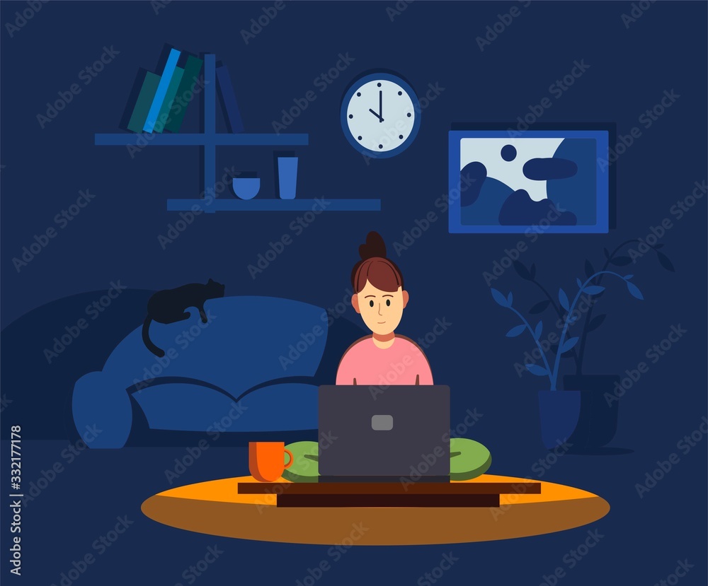 Freelancer girl working at home with a laptop. Vector flat illustration.
