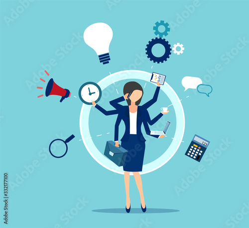 Vector of a multitasking businesswoman with many hands performing several tasks at the same time.