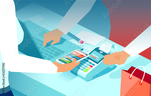 Vector of a consumer keeping smartphone over cashier machine to pay for purchase in a supermarket