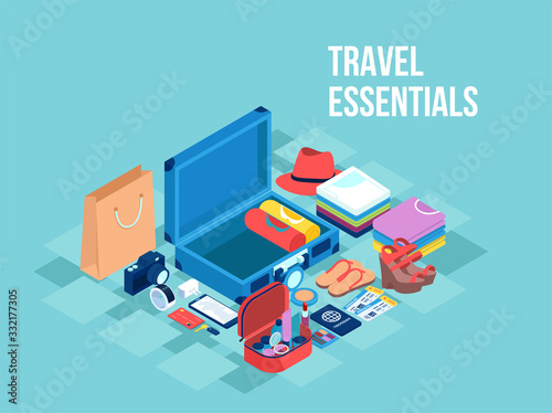 Vector of a suitcase with arranged in order objects and clothes