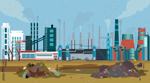 Vector of a working factory polluting air, water and soil with toxic waste