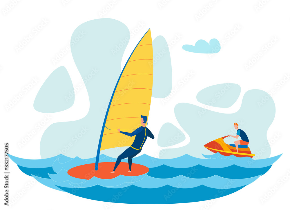 Tourists Water Activities Flat Vector Illustration. Man Windsurfing, Teenager Riding Jet Ski. Holidaymaker Doing Water Sport, Sportsmen Training Cartoon Characters. Trendy Sea Resort Entertainment