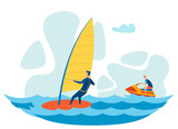 Tourists Water Activities Flat Vector Illustration. Man Windsurfing, Teenager Riding Jet Ski. Holidaymaker Doing Water Sport, Sportsmen Training Cartoon Characters. Trendy Sea Resort Entertainment