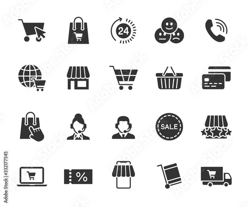 Vector set of online shopping flat icons. Contains icons online store, feedback, shopping cart, delivery, support, payment card and more. Pixel perfect.