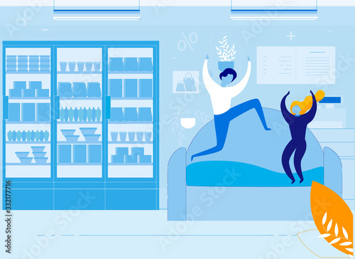 Naughty Unruly Kids Jumping on Sofa in Furniture Store. Bad Childrens Behavior in Public Places. Hyperactivity and Behavioral Problems in Childhood and Adolescence. Flat Cartoon Vector Illustration.
