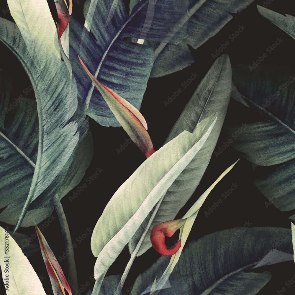 Seamless floral pattern with tropical flowers and leaves on dark ...