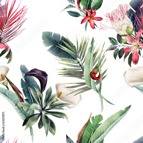 Fototapeta Naklejka Na Ścianę i Meble -  Seamless floral pattern with tropica flowers andl leaves on light background. Template design for textiles, interior, clothes, wallpaper. Watercolor illustration