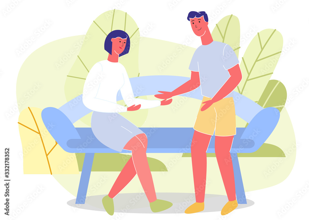 Vector Man and Woman Meeting in Green Cartoon Park. First Dating, Reunion or Family Outdoors Recreation. Flat Couple in Love on Bench Illustration. Natural Landscape. Happy Summer Time Leisure