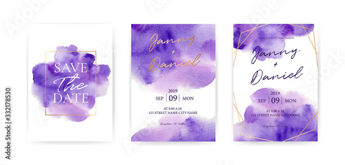 Purple Watercolor Texture and Luxury style collection, Invitation template, Wedding cards.