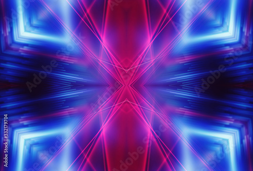 Dark abstract futuristic background. Neon glow, light lines, shapes. UV radiation. Empty Stage Background