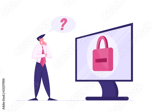 Web Security Concept. Thoughtful Business Man Character Trying to Log into his Computer. User Forgot Password, Male Character Stand at Huge Desktop with Padlock on Screen. Cartoon Vector Illustration