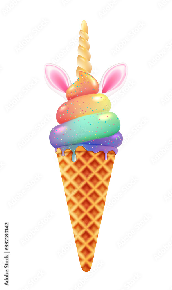 Rainbow unicorn ice cream, fabulous food, dessert for children.Icon
