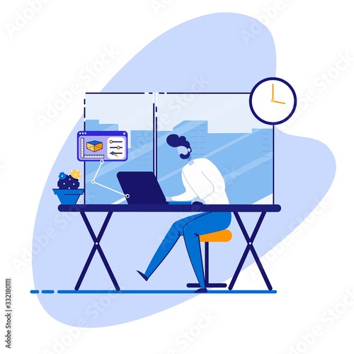 Informational Flyer Marketer Graphic Layout Flat. Forecasting Needs Potential Buyers. Man Leaned over Laptop, Working in Office. Preparation Working Report Cartoon. Vector Illustration.