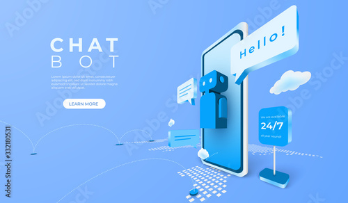 Digital technology with artificial intelligence. mobile application online service with chat bot and consulting. vector 3d perspective illustration. 