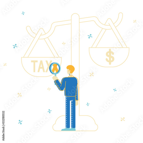 Business Taxation Concept. Businessman Character Look through Magnifying Glass on Tax and Money Weight on Huge Scales. Bank Loan. Taxpayers Payment, Financial Bankruptcy. Linear Vector Illustration